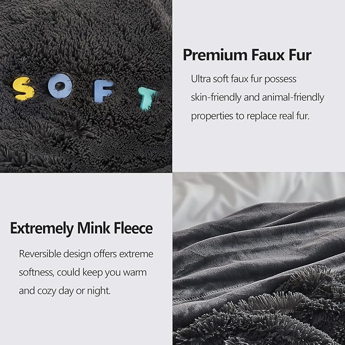 GONAAP Fuzzy Faux Fur Throw Blanket Twin Size Dark Grey Super Soft Cozy Plush Fuzzy Shaggy Blanket for Couch Sofa Bed (Dark Grey, Twin(60"x80"))-HomvellaHome