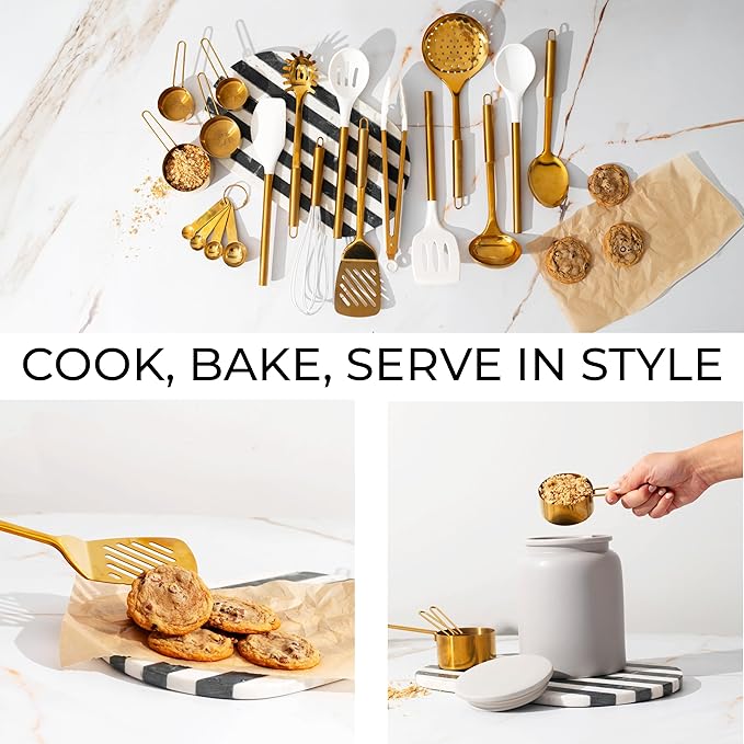 Gold Kitchen Utensils Set - 19-Piece Set Includes Stainless Steel Gold Utensils, White Silicone Tools, and Measuring Cups and Spoons - Luxury Kitchen Accessories for Modern Cooking, Serving, & Gifting-HomvellaHome