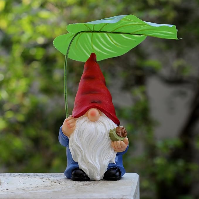 Garden Gnome Statue Decoration with Leaf Umbrella, 7.5” Figurine Ornament for Indoor Outdoor Home Patio Yard Lawn, for Gnome Lovers & Garden Enthusiasts，Mom，Women-HomvellaHome