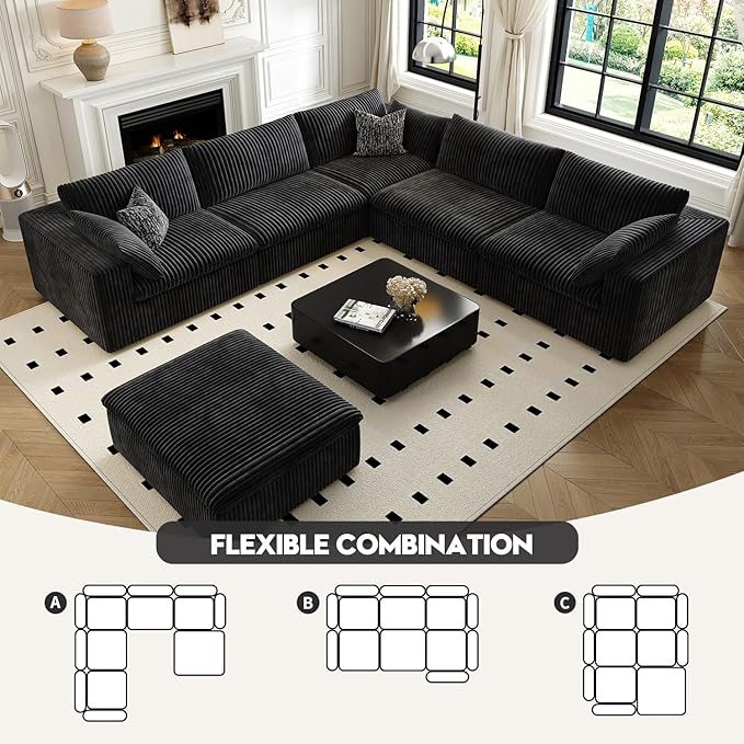 118" Cloud Couch Oversized Modular Sectional Sofa for Living Room,Modern Sofa with Deep Seat，6 Seater Boneless Couch,Comfy Upholstered Corduroy Couches for Apartment, Studio, Office,Bedroom，Black-HomvellaHome