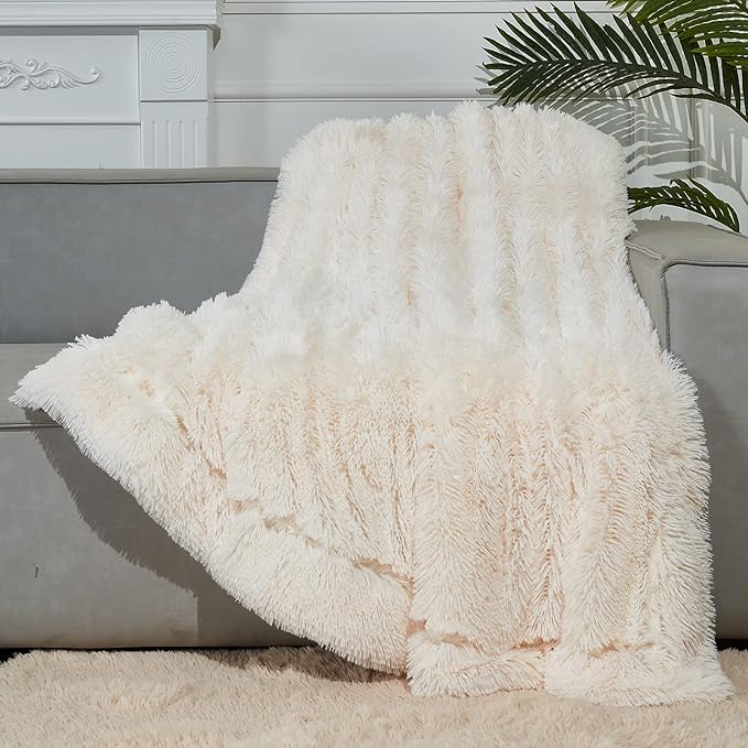 GONAAP Fuzzy Faux Fur Throw Blanket Ivory Super Soft Cozy Plush Fuzzy Shaggy Blanket for Couch Sofa Bed (Ivory, Throw(40"x50"))-HomvellaHome