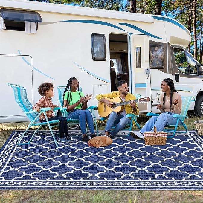 GAOMON Outdoor Rugs Patio Camping Waterproof Rug 6'x9' Plastic Straw Patio Rug Portable for Campers, Outside RVs Mat for Patios Clearance, Backyard Porch, Balcony, Navy/White(Geometric)-HomvellaHome