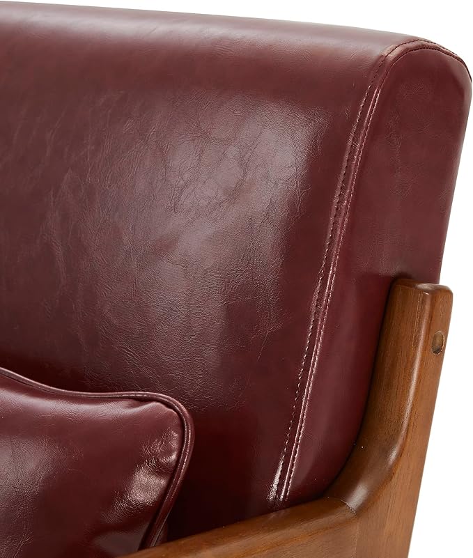 Glitzhome 30.75" H Mid Century Red Accent Armchair, Single Reading Armchair PU Leather Lounge Chair with Walnut Ruberwood Frame-HomvellaHome