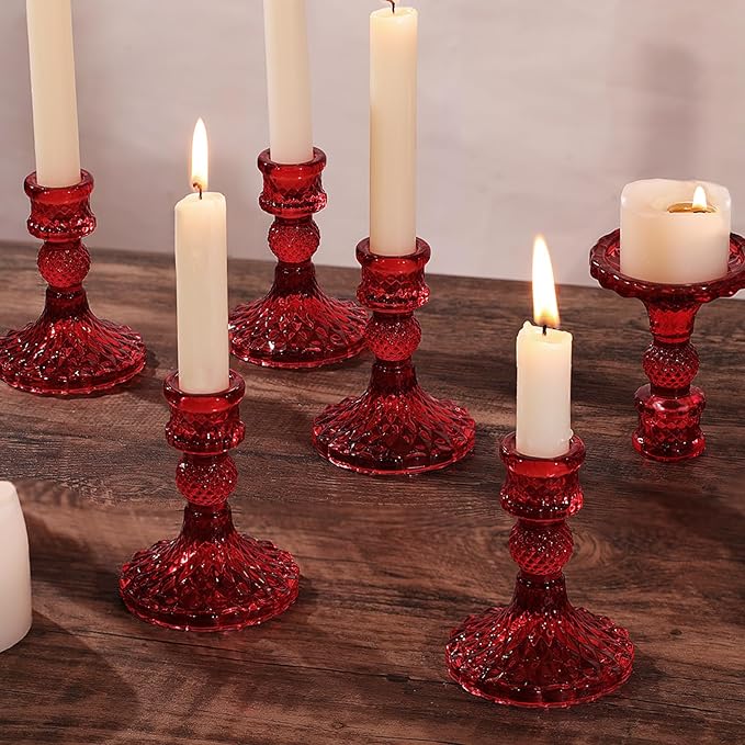 12Pcs Red Candlestick Holders Set- 4" H Taper Candle Holders Bulk, Glass Candle Holders for Activities, Party, Romantic Dinner Table Centerpieces, Festival Gifts & Windowsill Decor-HomvellaHome