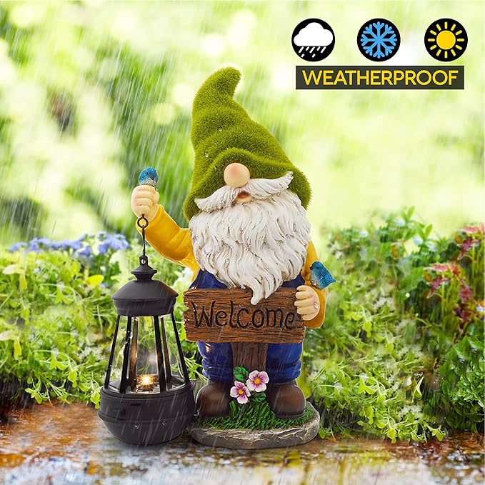 Garden Gnomes Outdoor - Flocked Gnome Statue Holding Lantern with Solar LED Lights | Gnomes Garden Decorations for Patio, Yard, Lawn Ornaments - Gnome Gifts-HomvellaHome