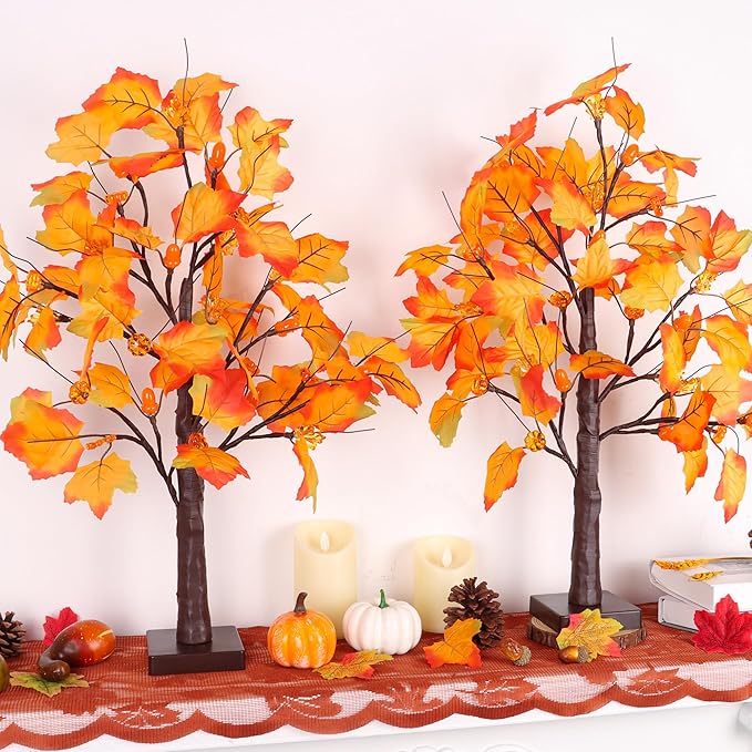 2 Pack 24 Inch Prelit Fall Maple Tree Fall Decor with 48 LED Timer Battery Operated Artificial Fall Light Up Tree Pumpkin Maple Acorn for Fall Thanksgiving Decorations Table Home Indoor Autumn Harvest-HomvellaHome