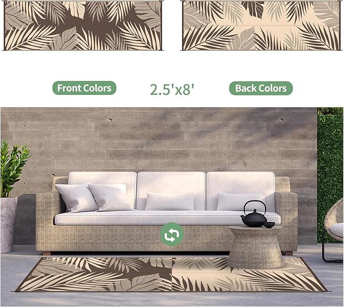 GENIMO Outdoor Rug 2.5' x 8' Waterproof for Patios Clearance, Reversible Outdoor Plastic Straw Camping Rug Carpet, Large Area Rugs Mats for RV, Camper, Deck, Balcony, Porch, Beach, Coffee&Beige-HomvellaHome