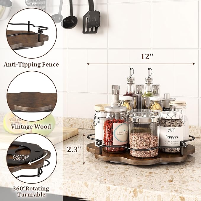 12" Lazy Susan Turntable Organizer,Round Wooden Lazy Susan Organization and Rotating Spice Rack for Dining Table,Pantry,Kitchen Countertop,Vanity,Cupboard and More.Vintage Wood(Petal Shape)-HomvellaHome