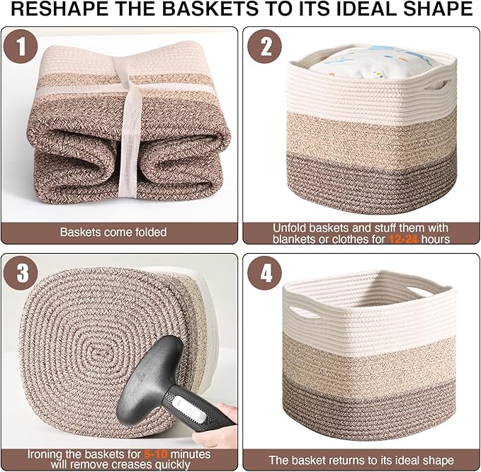 11 Inch Cube Storage Bins, Storage Cube Organizer Bins, Woven Cotton Rope Baskets for Storage, Storage Basket for Organizing Shelves, Square Baskets for Toys, Gradient Brown (Pack of 3)-HomvellaHome