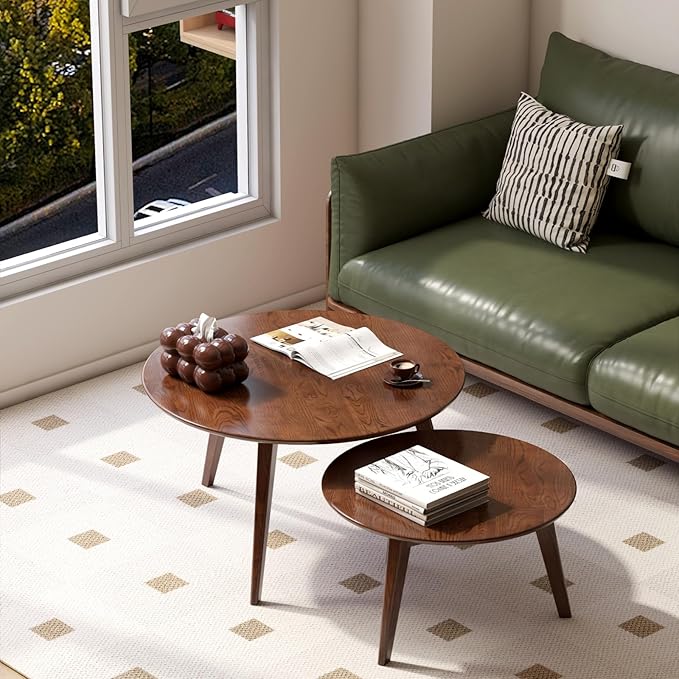 100% Solid Oak Wood Coffee Table Set, Round Coffee Table Combo Side Table w/Solid Wood Legs, Mid Century Table Sturdy Tables for Bedroom Balcony Living Room (Walnut, Big-Medium Combo)-HomvellaHome