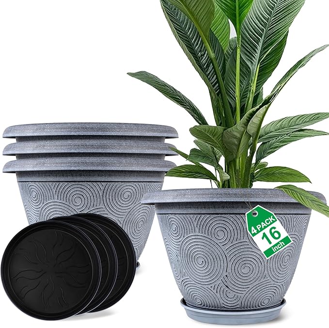 16 Inch Large Planter Pot for Plants Indoor Outdoor, 4 Pack Plastic Flower Pots with Drainage Hole & Tray, Modern Decorative Garden Pot with Saucer, Plant Container for House-HomvellaHome