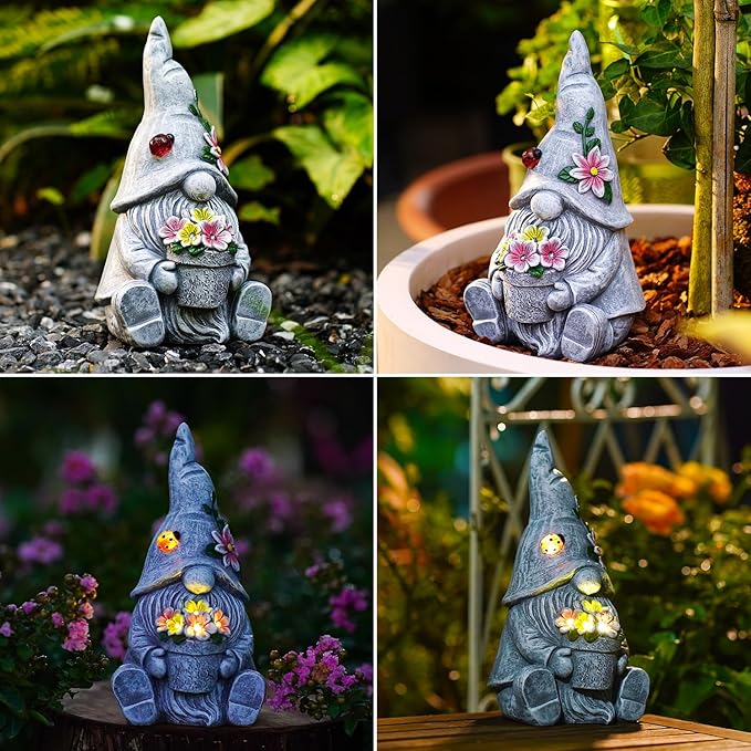 Goodeco Sitting Gnome Holding Flower Statue - Solar Garden Gnomes Decor for Outside with LED Lights, for Women or Moms, Housewarming Gnome Decorations-HomvellaHome