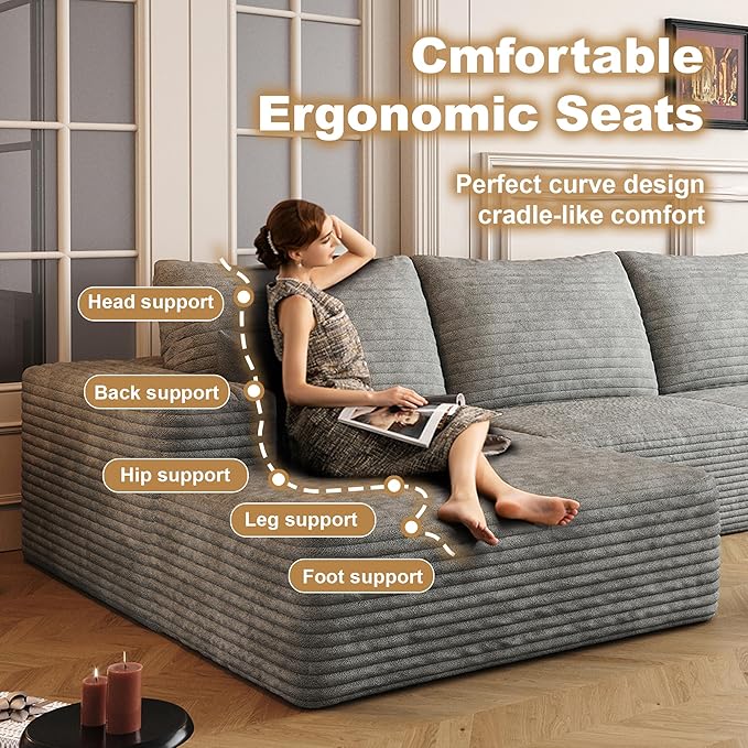 136" Sectional Couches for Living Room Modern Modular Sofa with L-Shape Couchs Upholstered Boneless Couch Deep Seat Sectional Couch with Chaise (Grey, Left Facing Chaise+3Seaters+Ottoman)-HomvellaHome