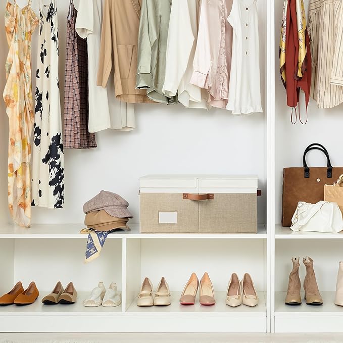 GRANNY SAYS Decorative Storage Boxes with Lid, Large Storage Bins with Double-Open Lid and Divider, Fabric Storage Bin for Clothes, 63L Closet Linen Storage Bin, White/Khaki-HomvellaHome