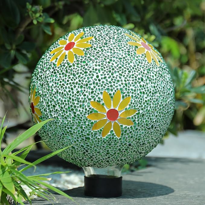 Gazing Ball 8 Inch Flower Glass Mosaic Garden Globe Outdoor Gazing Globe Yard Ornament for Garden Yard Home Lawn Outdoor Decoration Gift for Women (Not Solar Powered)-HomvellaHome