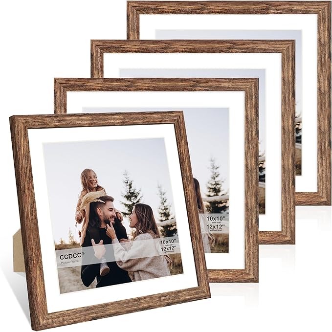 12x12 Picture Frame Set of 4, 12 x 12 Wood Photo Frames with Mat for 10x10 or 30x30cm Diamond Painting Art, Wooden Frame with Real Glass Cover for Wall and Tabletop Display,Rustic Brown-HomvellaHome