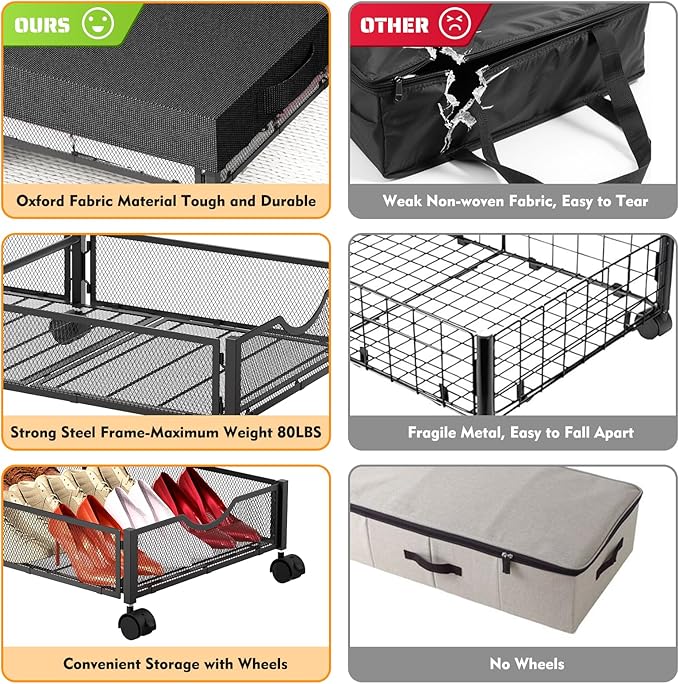 2 Pack Under Bed Storage with Wheels, 36" Lengthen Underbed Storage Containers with Lids, Large Capacity Under Bed Shoe Storage, Metal Clothes Organizer, Storage Box for Clothing Shoes Blankets Sheet-HomvellaHome