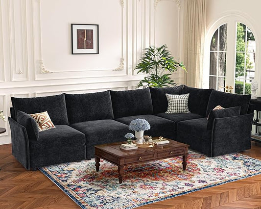 135.5" Oversized Modular Sectional Sofa, L Shaped Convertible Couch with Movable Ottoman, 5 Seat Corner Couches for Living Room Deep Seat Black Chenille-HomvellaHome