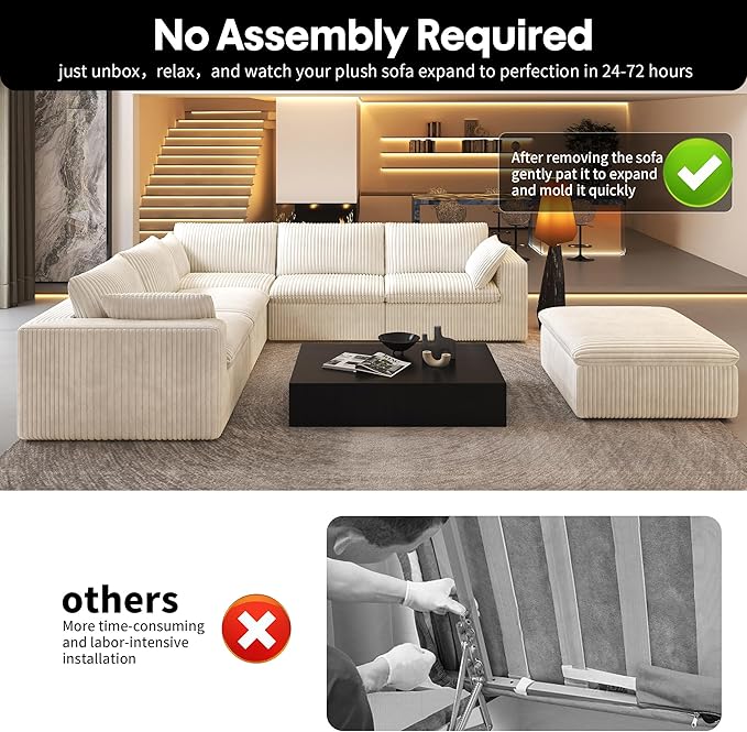 118" 6-Seater Cloud Sofa,Modular Sectional Couch with Ottoman,Modern Deep Seat Upholstered Couches with Plush Corduroy Fabric for Living Room Furniture,Bedroom and Apartment,No Assembly Required,White-HomvellaHome