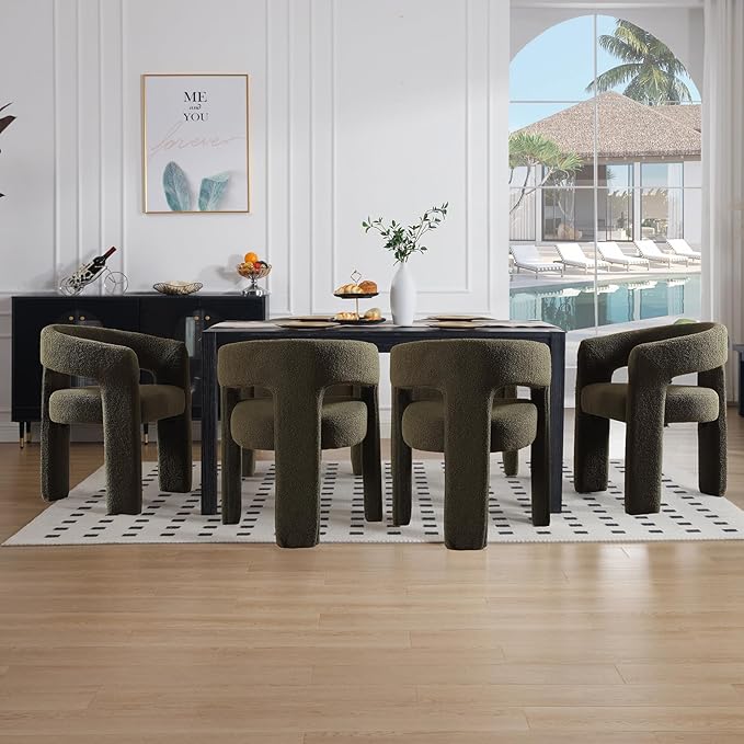 Green Sherpa Dining Chairs Set of 2, Modern Barrel Dining Room Chairs Upholstered Faux Fur Accent Chair with Arms and Round Back for Living Room Kitchen Armchair No Assembly Needed-HomvellaHome