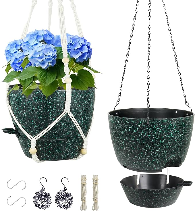 10 inch Self Watering Hanging Planters, 2 Pack Hanging Flower Pots for Indoor Outdoor Plants, Hanging Baskets with Drainage Holes & 2 Kinds of Plant Hangers for Home Decor, Speckled Black-HomvellaHome