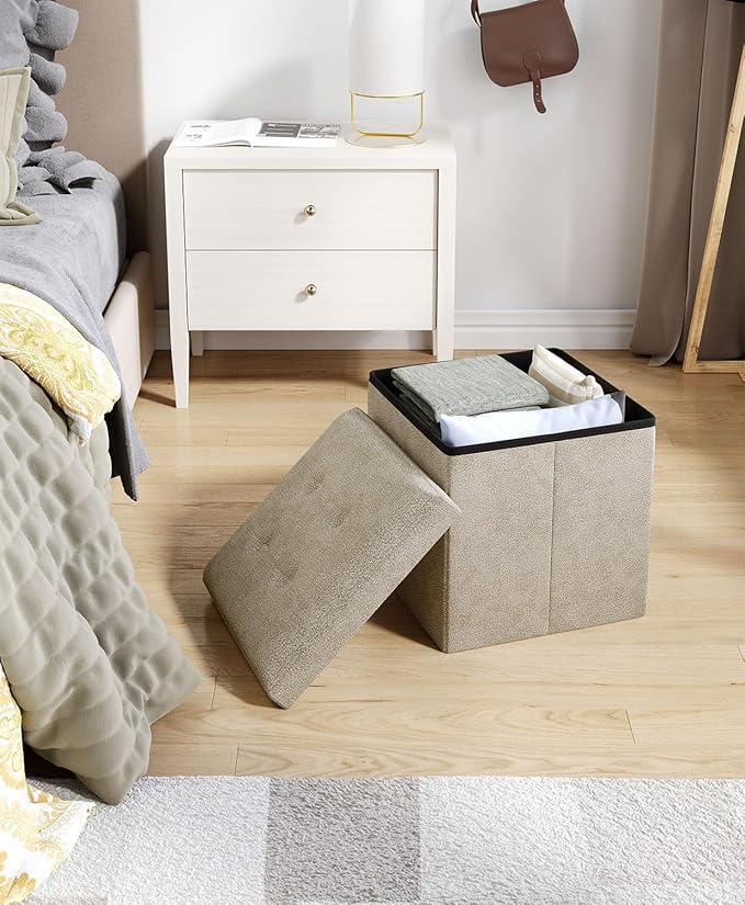 15 Inches Small Folding Storage Ottoman Cube, Storage Footrest, Foot Rest Stool, for Living Room, Bedroom, Dorm, Hallway, Entryway, Sandy Beige-HomvellaHome