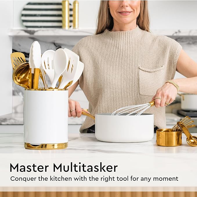Gold Kitchen Utensils Set - 19-Piece Set Includes Stainless Steel Gold Utensils, White Silicone Tools, and Measuring Cups and Spoons - Luxury Kitchen Accessories for Modern Cooking, Serving, & Gifting-HomvellaHome
