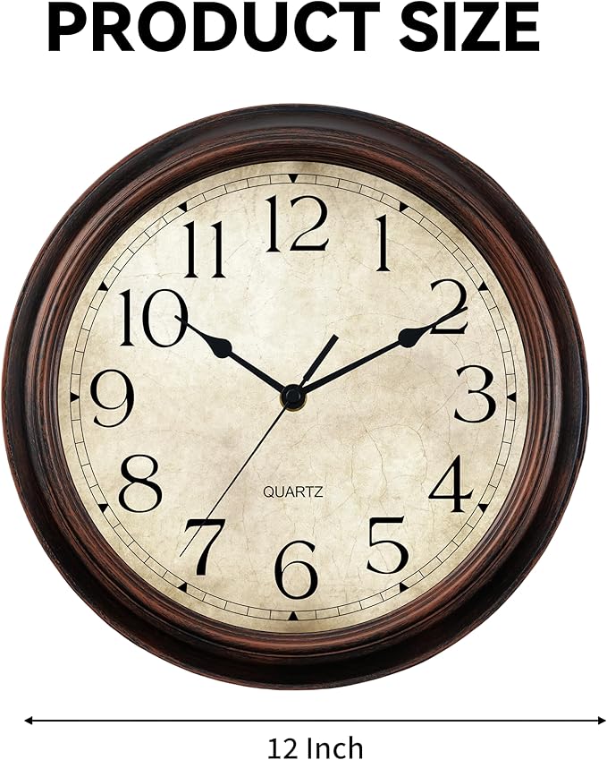 12 Inch Wall Clocks Battery Operated Silent Non-Ticking Analog Wall Clock Vintage Retro Rustic Style Decorative for Living Room Kitchen Home Office(Bronze)-HomvellaHome