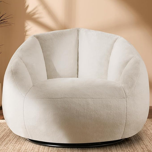 Giant Bean Bag Swivel Chair for Adults - Comfy Plush Round Shell Soft Accent Chair, Oversized Cozy Floor Sofa for Living Room, Bedroom & Game Rooms, Beige-HomvellaHome