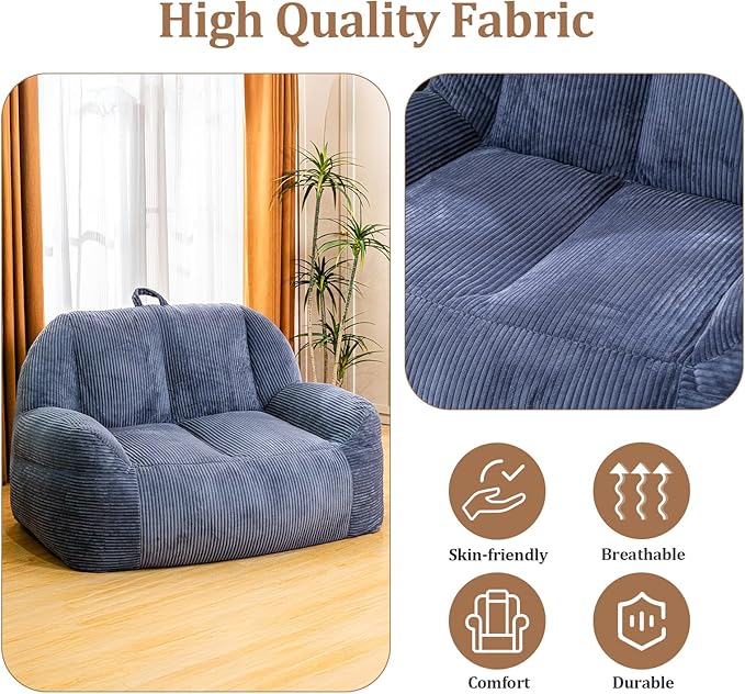 Giant Bean Bag Chair, Faux Fur Bean Bag Chair for Adults, Fluffy and Comfy Bean Bags with Filler, Big Bean Bag Sofa Chair for Reading, Gaming, Stuffed High-Density Foam, Grey-HomvellaHome