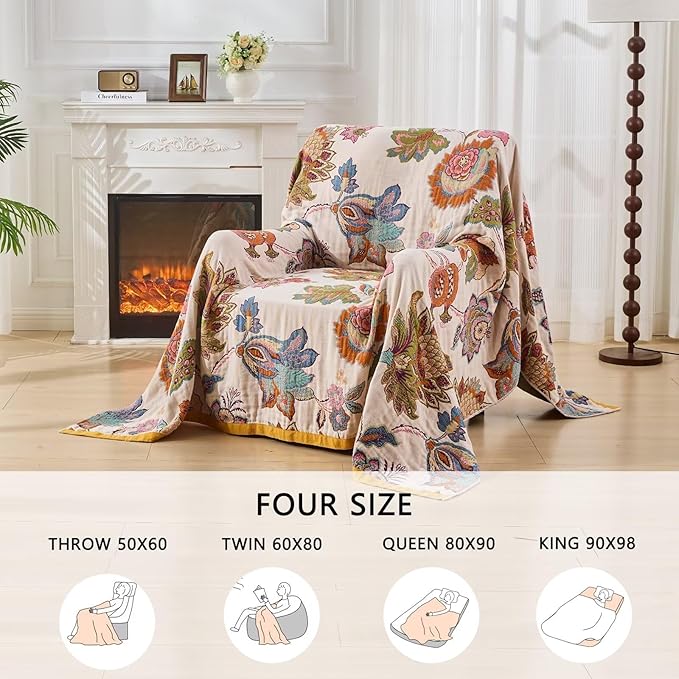 100% Cotton Boho Throw Blanket, King Size Living Room Reversible Fall Throw Blanket, Boho Floral Bird Colorful Retro Quilt Ultra Soft Reversible Gauze Blanket for All Season, 90"x98"-HomvellaHome