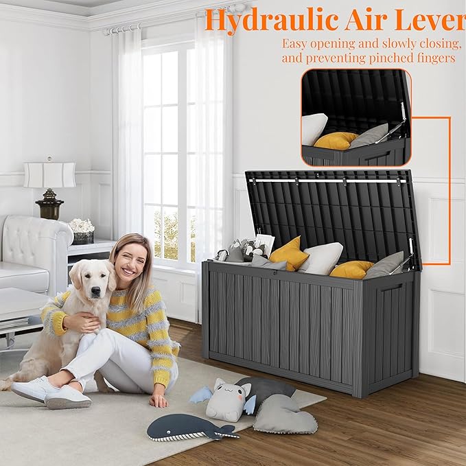 150 Gallon Deck Box,Resin Outdoor Storage Box with Lockable for Patio Furniture, Pool Accessories, Garden Tools Waterproof Outside Storage Box, Black-HomvellaHome