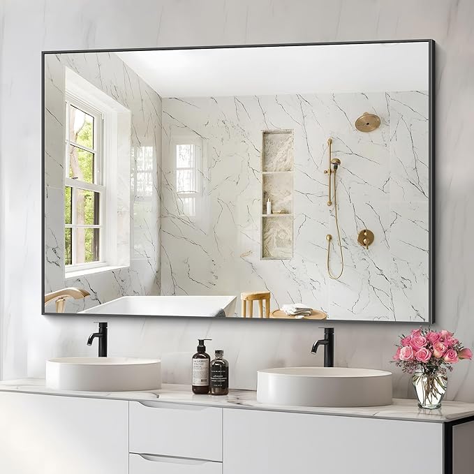 36x50inch Bathroom Mirror, Black Rectangle Mirrors with Thin Metal Frame, Large Rectangular Wall Mirror for Bathroom, Living Roomm, Hair Salon, Big Farmehouse Mirror Hang Horizontal/Vertical-HomvellaHome