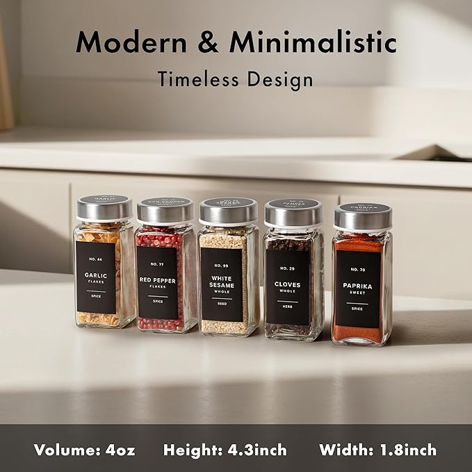 Glass Spice Jars with Labels and Steel Lids (24 x 4oz) Spice Containers with 240 Label, Steel Funnel, Shaker Inserts, Empty Square Seasoning Organizer for Spice Rack, Cabinet, Drawer-HomvellaHome