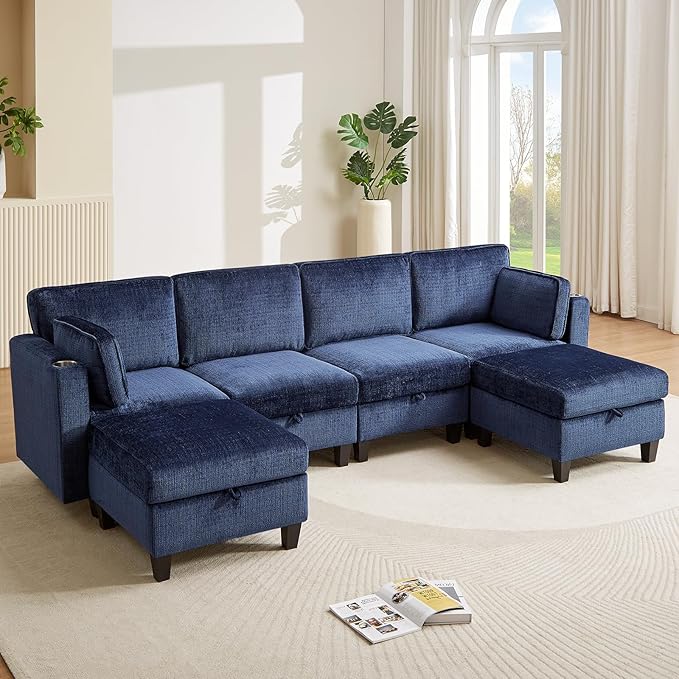 110" Modular Sectional Sofa, Convertible Sleeper Sofa Couch Bed with Adjustable Backrest, U-Shaped Chenille Cloud Couch with Ottoman Storage, Deep Seat Couches for Living Room,Blue-HomvellaHome