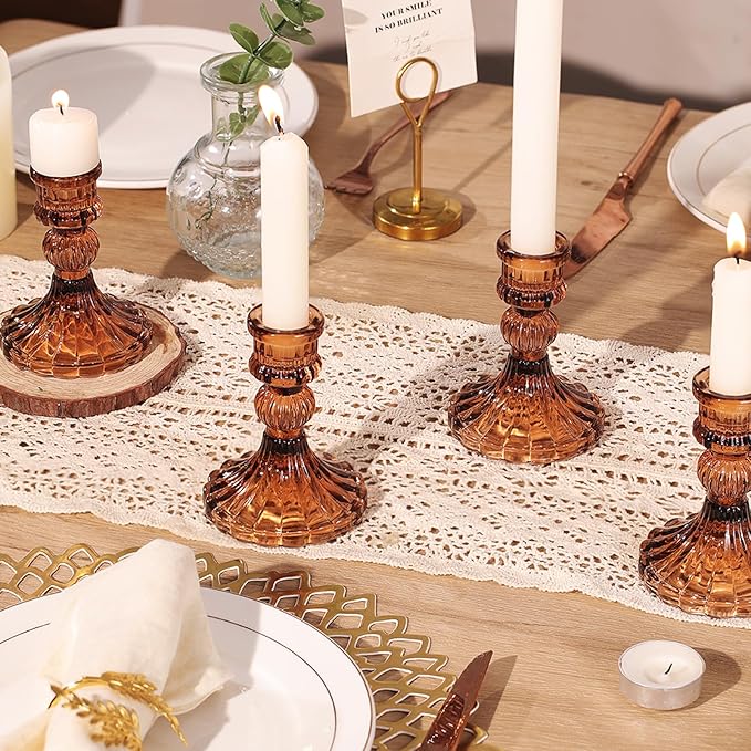 12PCS Amber Candlestick Holders Set- 4" H Taper Candle Holders, Glass Candle Holders Bulk for Wedding, Party, Fall Home Table Centerpieces, Festival Gifts & Windowsill Decor-HomvellaHome