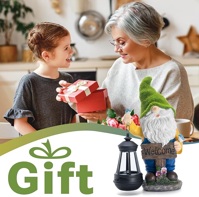 Garden Gnome Outdoor Statues with Solar Lights,Resin Flocked Solar Gnome Statue Holding Lantern,Outdoor Gnomes Decorations for Garden, Patio Gnome Gifts for Mom-HomvellaHome