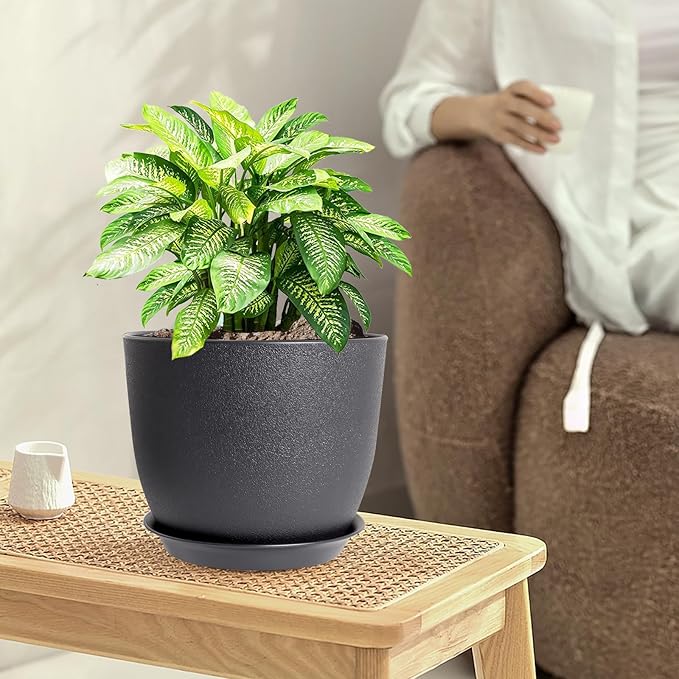 12/10/9 inch Big Flower Pots, 3 Pack Modern Decorative Plastic Planters with Drainage Holes and Tray, Plant Pots for Indoor Outdoor Plants, Black-HomvellaHome