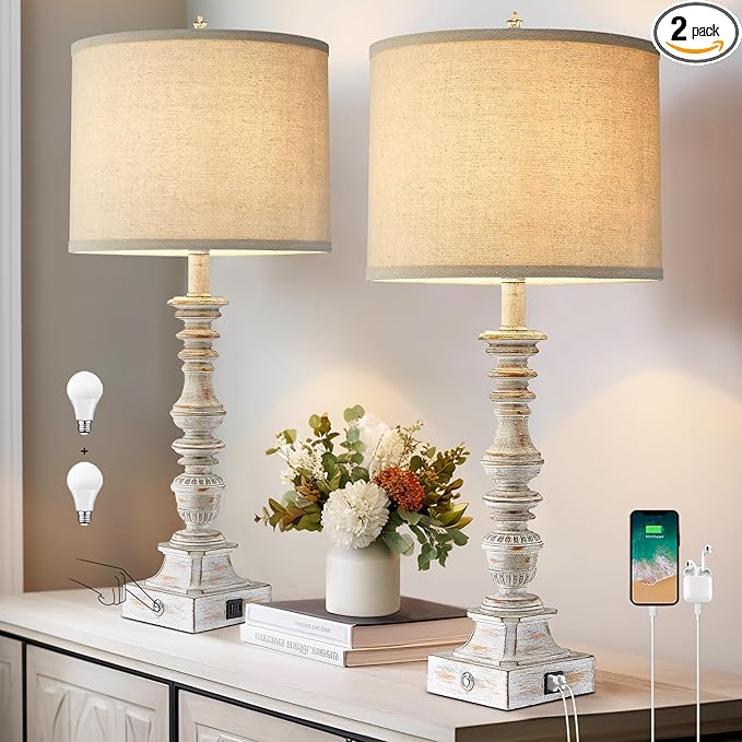 Farmhouse Table Lamps for Bedroom Set of 2 Vintage 3-Way Dimmable Touch Control Nightstand Lamps, Bedside Lamps for Living Room, Traditional Nightstand Lamp End Table lamps 28.5" (Bulbs Included)-HomvellaHome