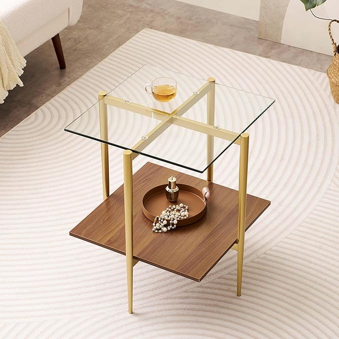 Glass End Table, Mid-Century Modern Design Sofa Table, for Living Room, 2-Tier Structure, Clear Glass Top and Walnut MDF Shelf, Sleek Conical Metal Legs with Gold Finish Frame-HomvellaHome