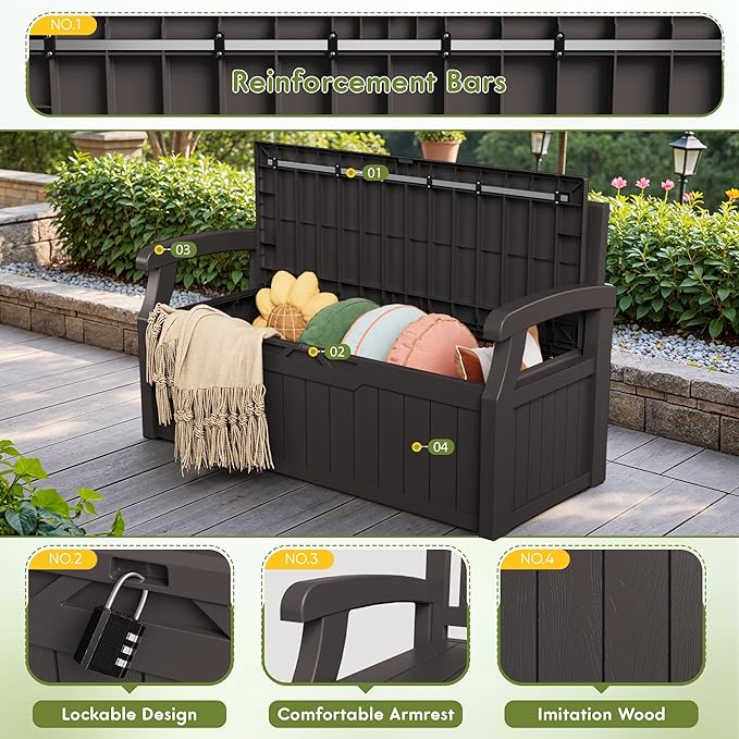 Greesum 80 Gallon Storage Bench Outdoor Deck Box with Armrest, Patio Furniture,Lockable, Waterproof and UV Resistant, Suitable for Garden, Pool, Brown-HomvellaHome