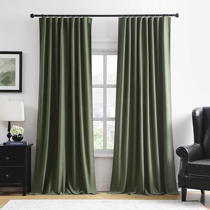 102 Inch Long Linen Blended Blackout Curtains 2 Panels, Back Tab Pleated Look Drapes for Track System with Hooks, Noise Reducing Country Blackout Winodw Curtains 50x102-Loden/Olive Green-HomvellaHome