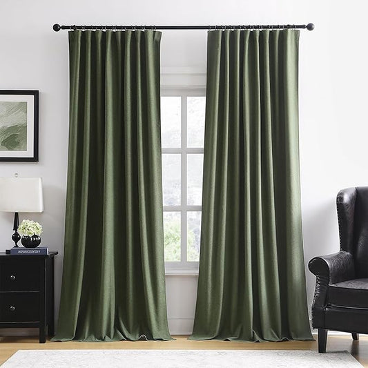 102 Inch Long Linen Blended Blackout Curtains 2 Panels, Back Tab Pleated Look Drapes for Track System with Hooks, Noise Reducing Country Blackout Winodw Curtains 50x102-Loden/Olive Green-HomvellaHome