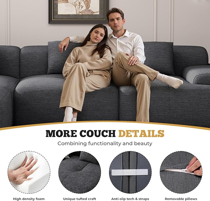 122" Modern L Shaped Modular Sectional Sofa, Boneless Couches for Living Room with Ottoman,4 Seater Convertible Chenille Cloud Couch Sofa Set, No Assembly Required, Grey-Black 1 PCS-HomvellaHome