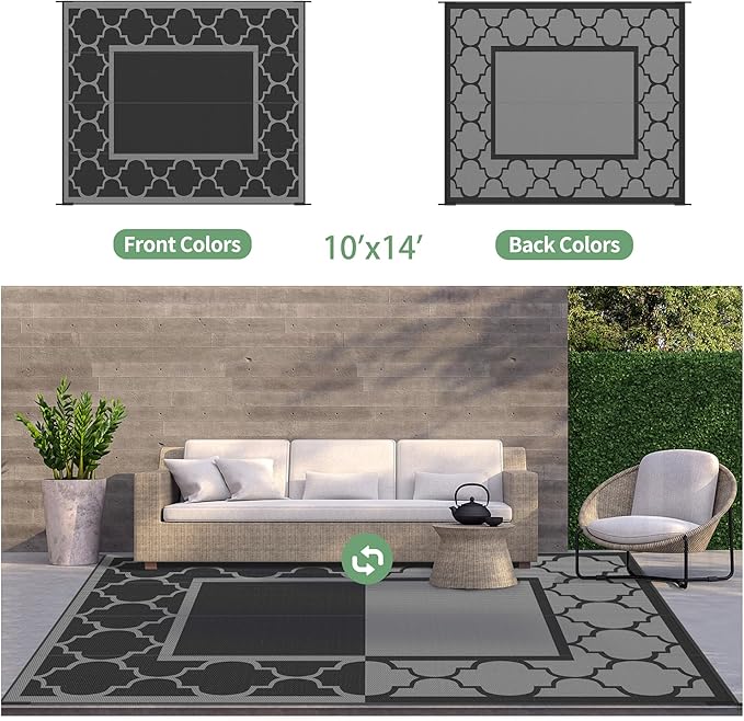 GENIMO 10 ' x 14 ' Outdoor Rug Waterproof for Patio Decor, Foldable Reversible Plastic Straw Area Rugs Mat for Camper, Outside Carpet for Rv, Deck, Porch, Picnic, Beach, Balcony, Black & Grey-HomvellaHome