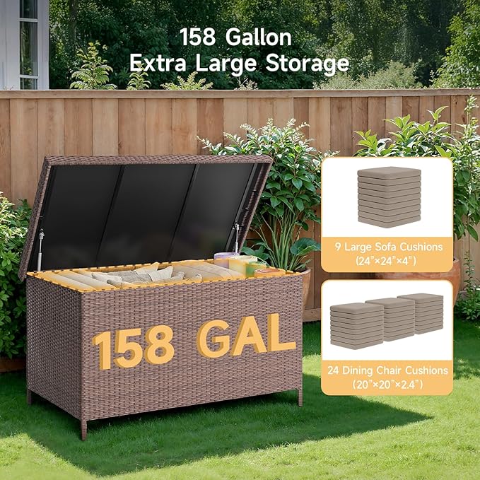 158 Gallon XL Deck Box with Lid, All Weather Wicker Outdoor Storage Box Waterproof, Large Outdoor Patio Storage Bin for Cushions, Garden Tools, Gears, Pool Accessories, Brown-HomvellaHome