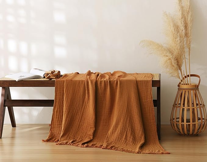 100% Cotton Muslin Throw Blanket for Bed, Couch, Travel, Luxuriously Soft, Pre-Washed, Breathable and Lightweight Gauze Blanket with Tassels, Suitable for All Seasons, Rust, 50"x60"-HomvellaHome