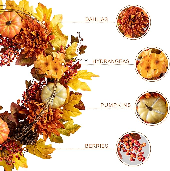 Glitzhome 24 inch Artificial Fall Wreath Decor, Autumn Maple Leaf Wreath for Front Door with Dahlia Pumpkin, Leaf and Berry Wreaths for Autumn Harvest Thanksgiving Halloween Decor-HomvellaHome
