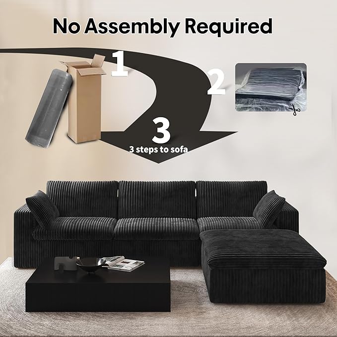 118" L Shaped Modern Sofa Modular Sectional Cloud Couch with Ottoman,Deep Seat Upholstered Couches with Plush Corduroy Fabric for Living Room Furniture,Bedroom and Apartment,No Assembly Required,Black-HomvellaHome