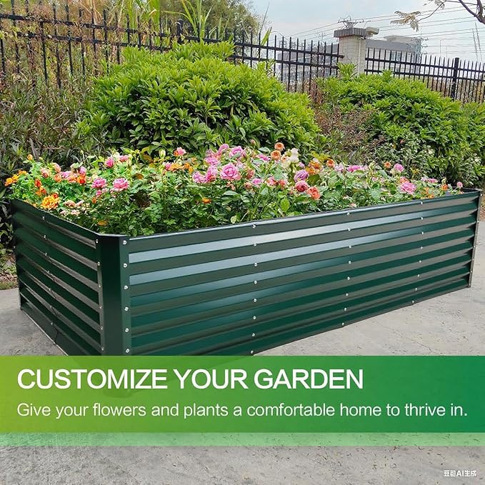 GARDMAX 8x4x2FT Galvanized Raised Garden Bed Kit, Metal Planter Boxes Outdoor with Easy Assembly, Large Garden Bed for Vegetables, Fruits, Flower, Herbs Rectangle Dark Green-HomvellaHome